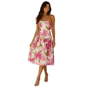 Tessuto Pink Floral Strapless Fit & Flare Dress Size 8 Side Zip Summer